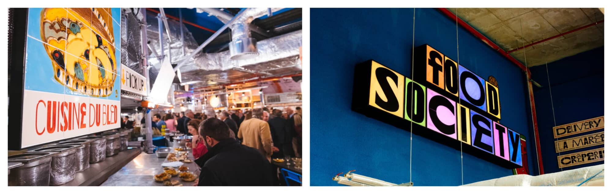 Left: The interior of Food Society Paris, with different stalls and silver ceiling pipes. Right: the logo of Food Society in purple, pink, and yellow.