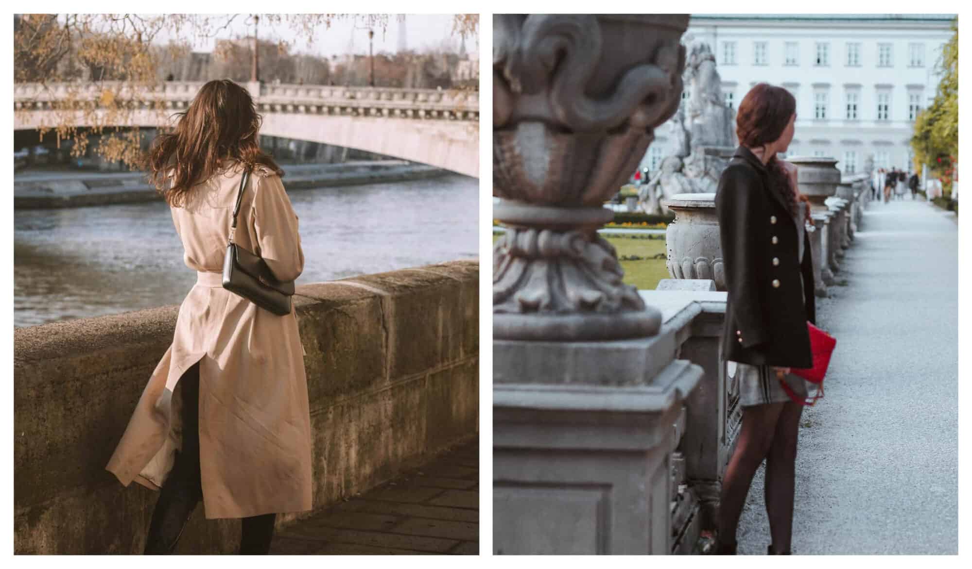 Right: A chic woman in a beige trench walks by the Seine river. Left: A woman in black blazer stands in a Parisian park carrying a red bag. 