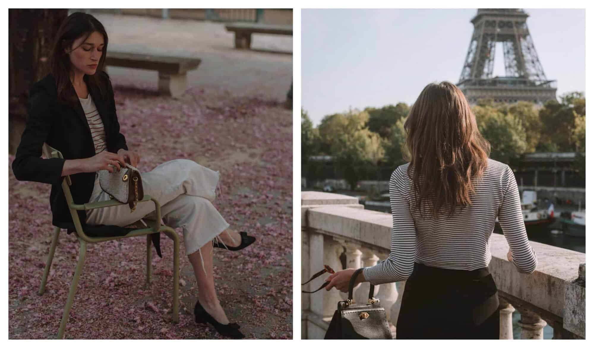 Left: A french woman in black blazer sits outdoors in a green chair. Right: A woman in striped top crosses a bridge near the Eiffel Tower.