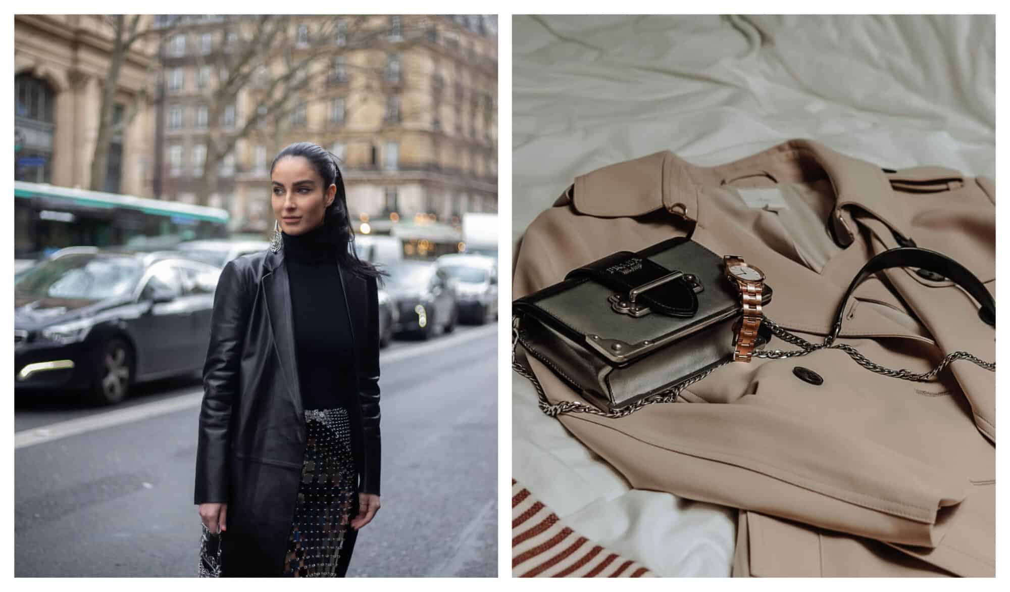 Left: A fashionable woman in black stands behind cars on a Paris street. Right: A beige trench coat, black Prada purse and a golden watch lay on a bed.