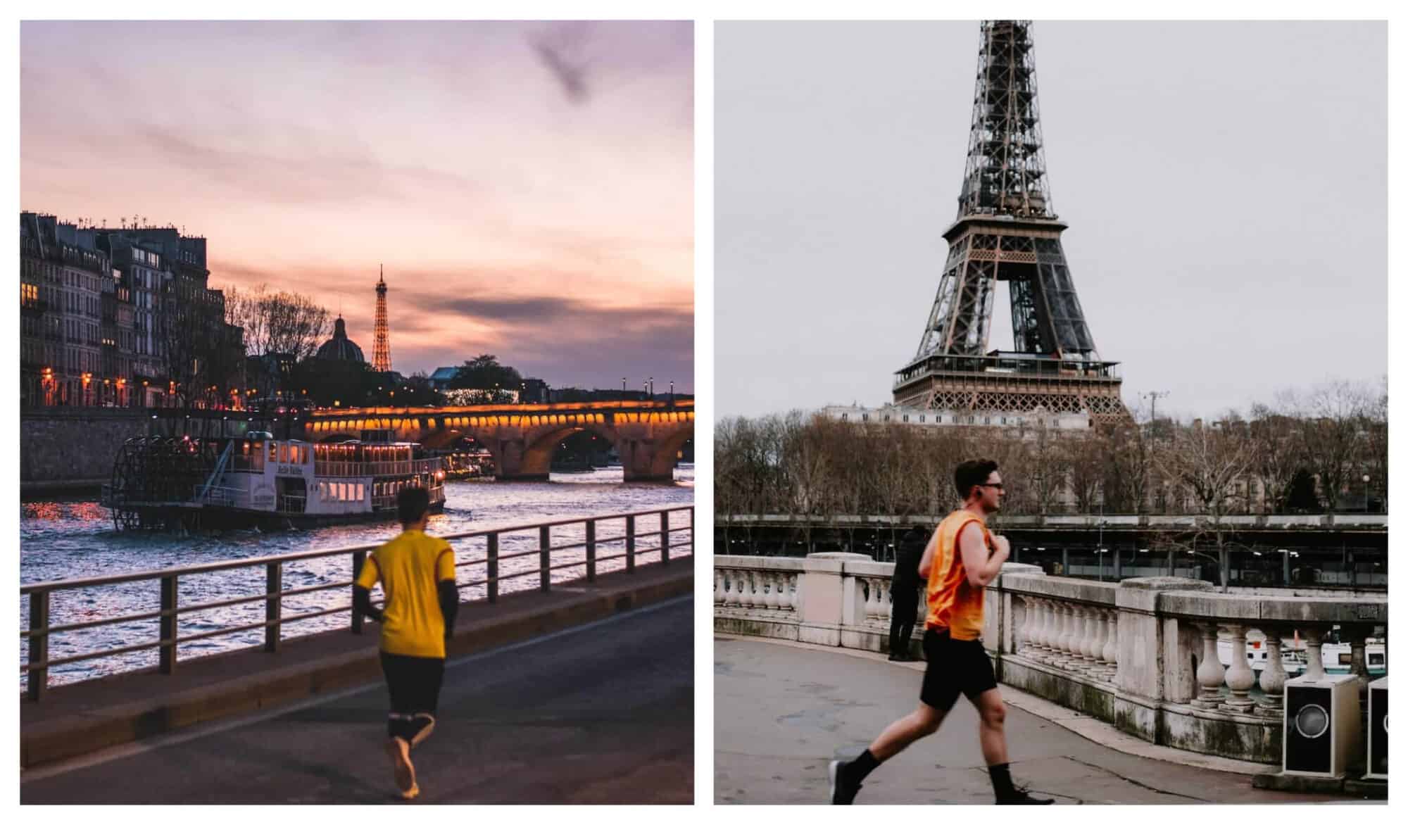 Left: A man in yellow shirt runs by the banks of the Seine river. Right: A man in an orange top runs nearby the Eiffel Tower.
