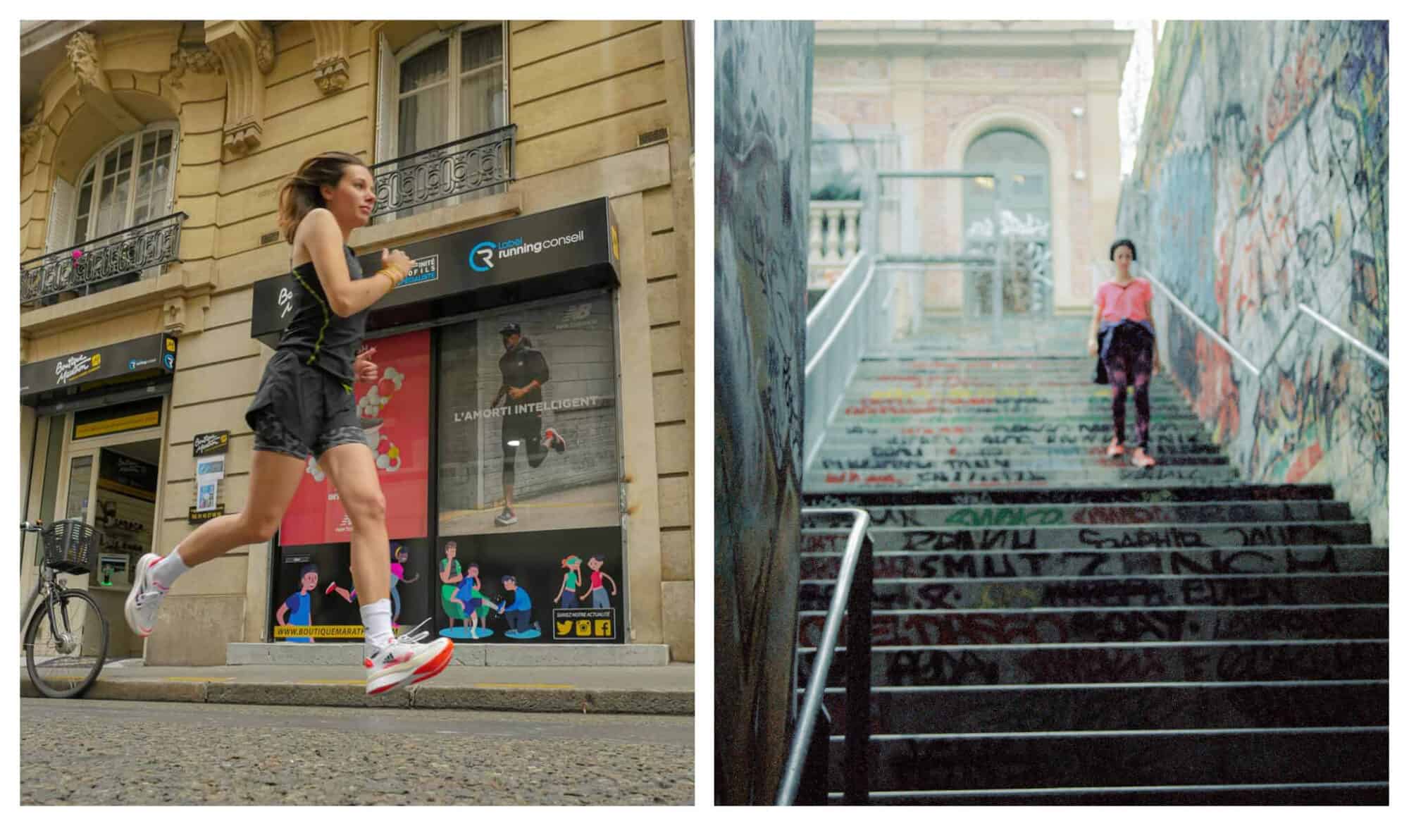 Left: A girl in black outfit runs in a Parisian street. Right: A lady jogger goes down the stairs.