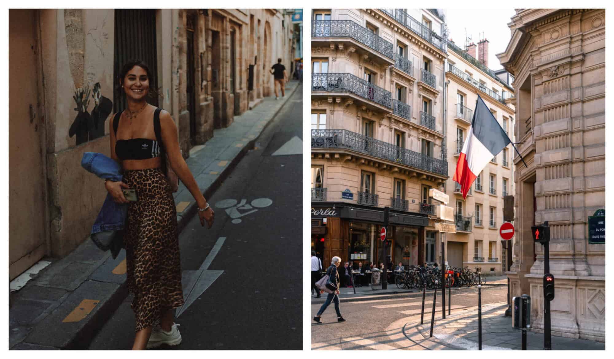 Left: a smiling woman strolls down Paris streets; Right: The streets of Paris in daylight. 