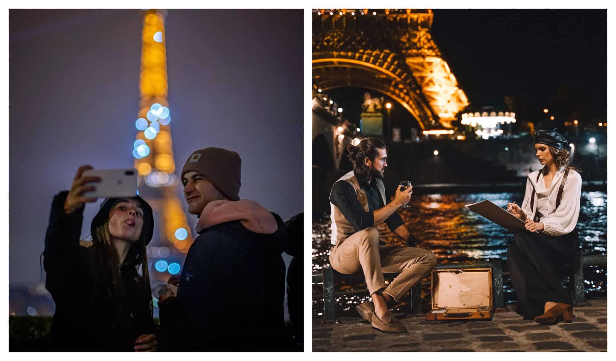 Left: Young Parisians pose for a selfie in front of the Eiffel Tower at night; Right: A Parisian male poses at night while his female companion sketches him with the Eiffel Tower lit up in the background. 