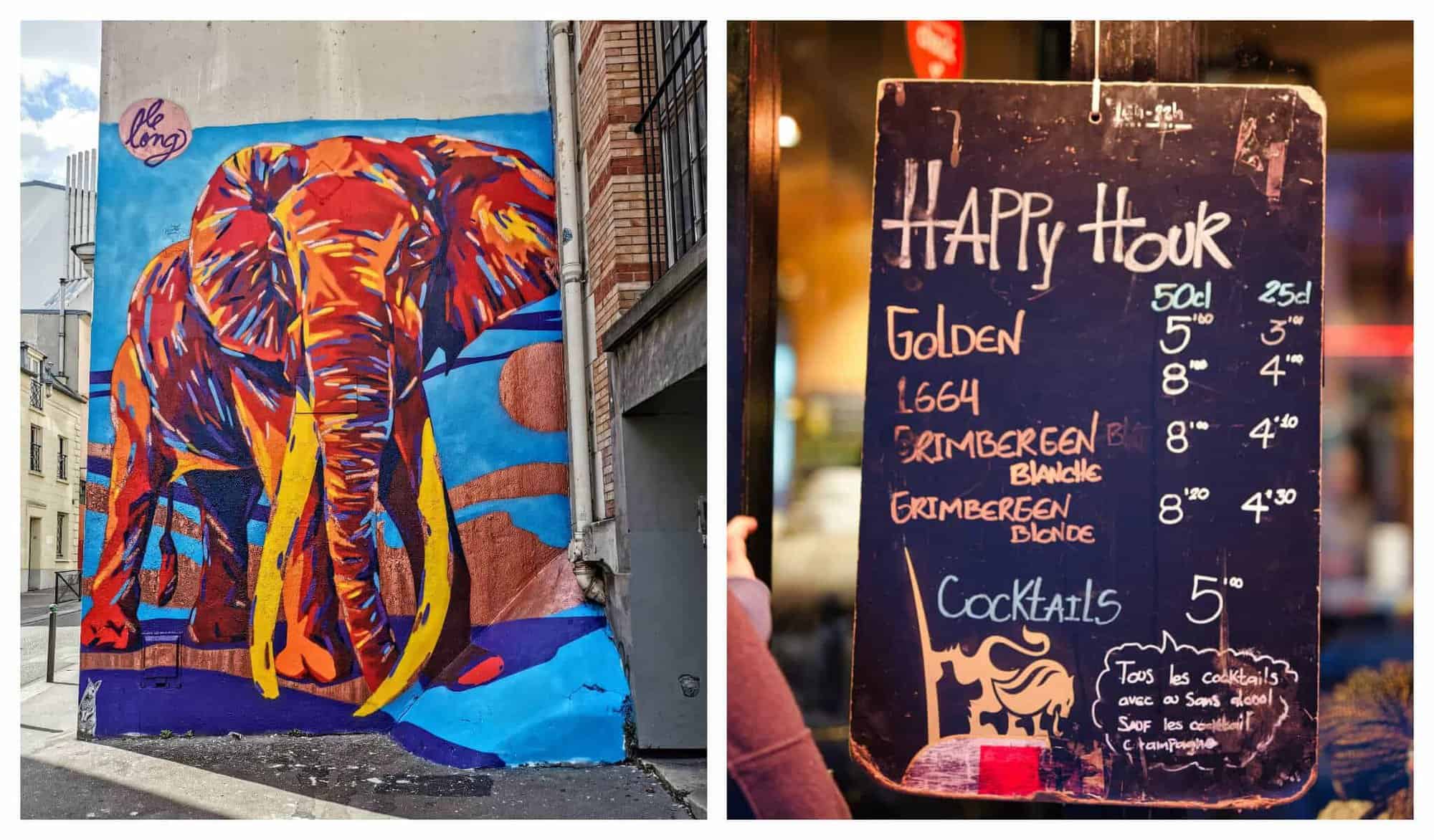 Left: A wall art of an elephant in shades of blue and red. Right: A blackboard for happy hour in a bar.