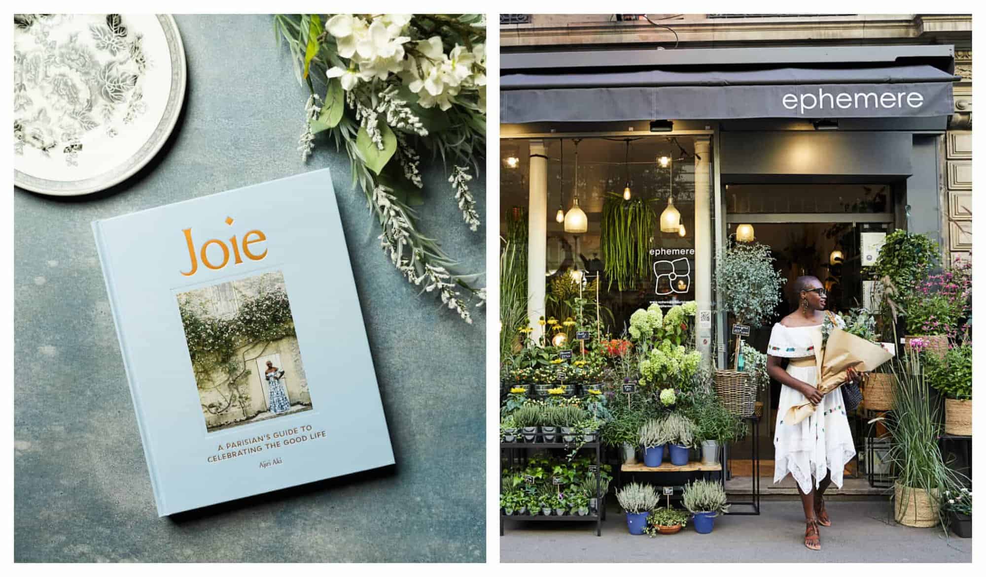Left: A blue book on a gray table. Right: A woman holds a bouquet of flowers in a flower shop.