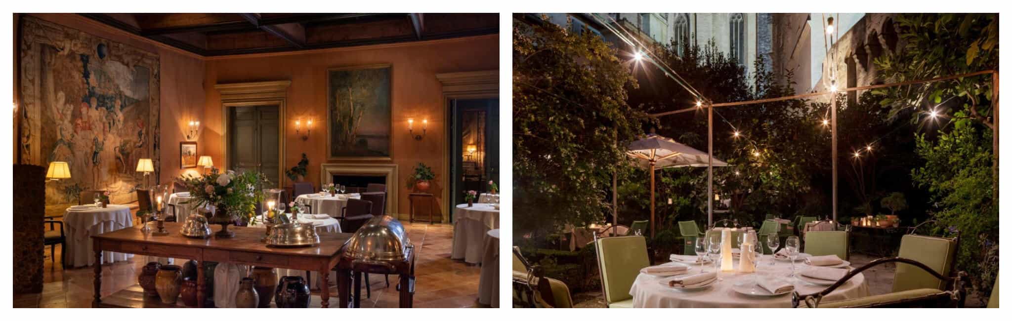 Left: La Mirande Avignon's main restaurant, with its cozy interiors and lighting, has a table with multiple silver serving dishes and hoods prepared to meet guests Right: On the terrace in La Mirande Avignon, guests are surrounded by greenery and cozy lighting, with green chairs and views of the Palais des Papes.