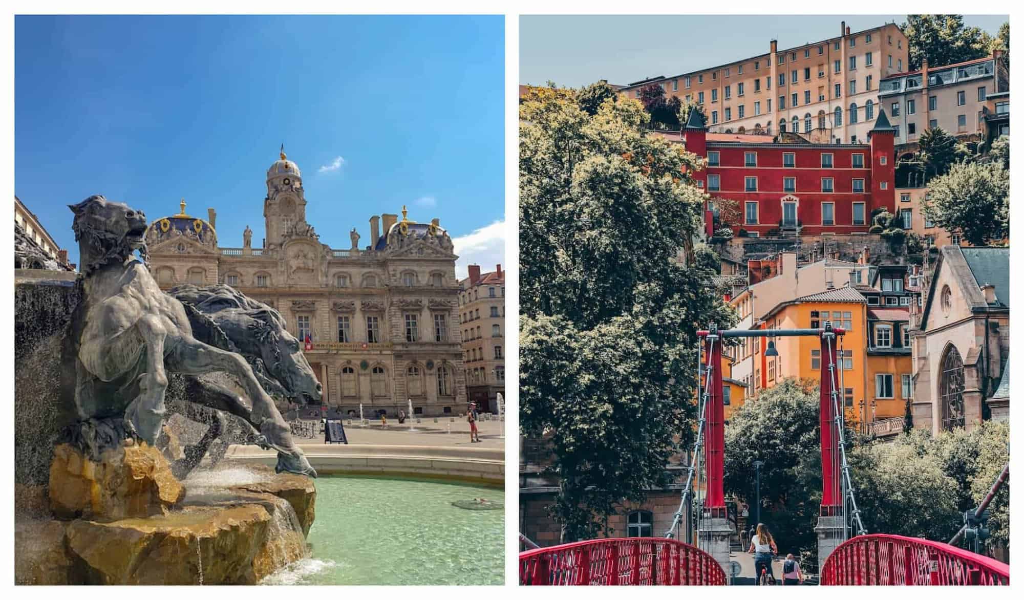 Left: A fountain with a horse statue. Right: A red bridge leads to a red building.