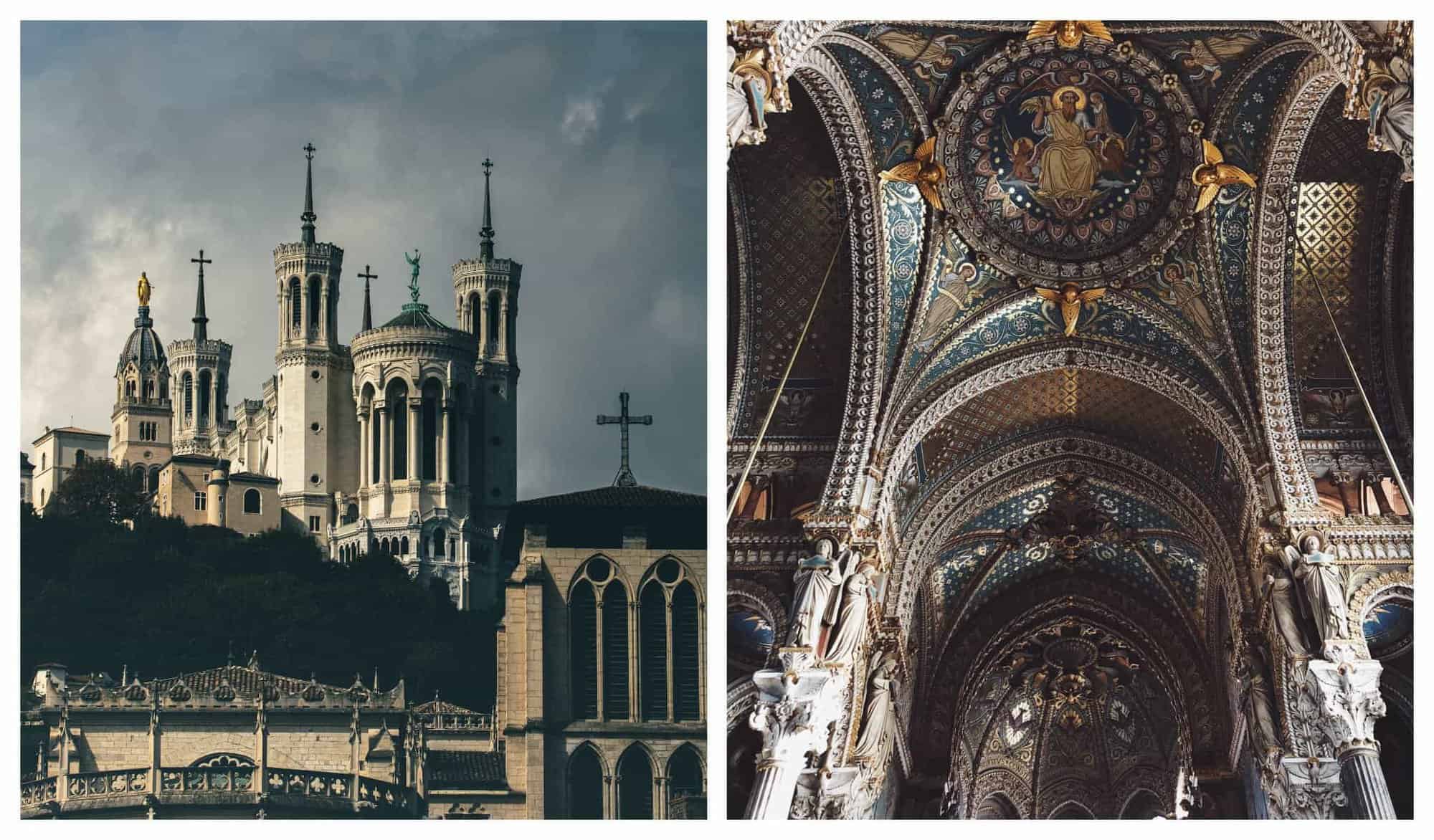 Left: A church with its towers and crosses. Right: A church's ceiling with paintings and murals.