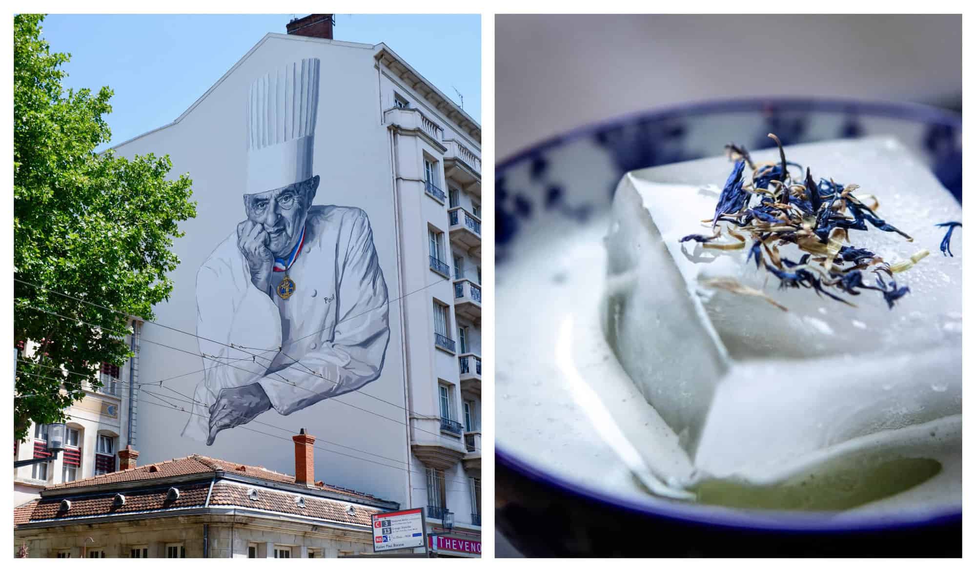 Left: A wall art of a male chef. Right: A cocktail in a blue bowl with a square ice.