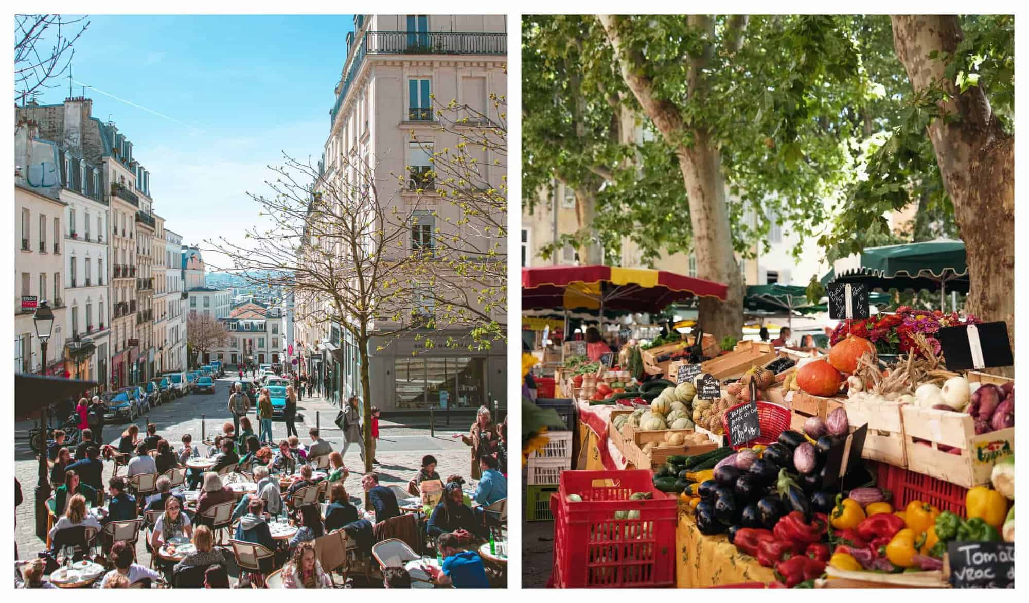 Left: An outdoor cafe in Montmartre full of people sitting in rattan chairs enjoying their drinks and the sun; Right: Stacks of fresh vegetables and fruits at a French farmer's market. 