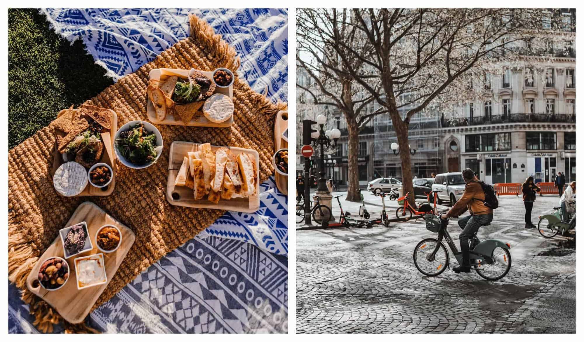 Left: A picnic blanket with cheese, bread and drinks. Right: A man bikes in a Paris street.