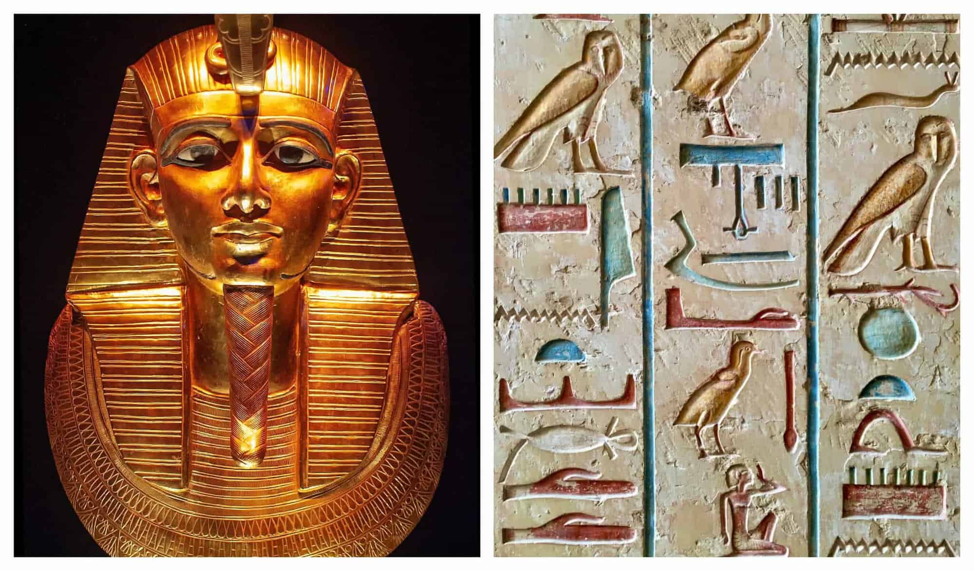 Right: A golden statue of an Egyptian pharaoh. Right: A set of Egyptian hieroglyphs.