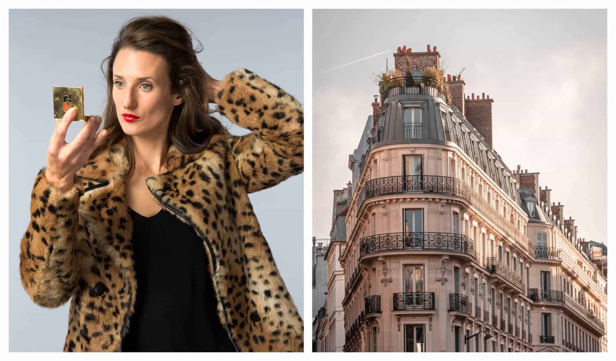 Left: The French actress Camille Cottin stars in a show called Connasse, dressed up as a demanding Parisian in leopard coat and red lipstick; Right: The sunsets gives this Parisian Haussmannian building a glow in its zinc rooftop.