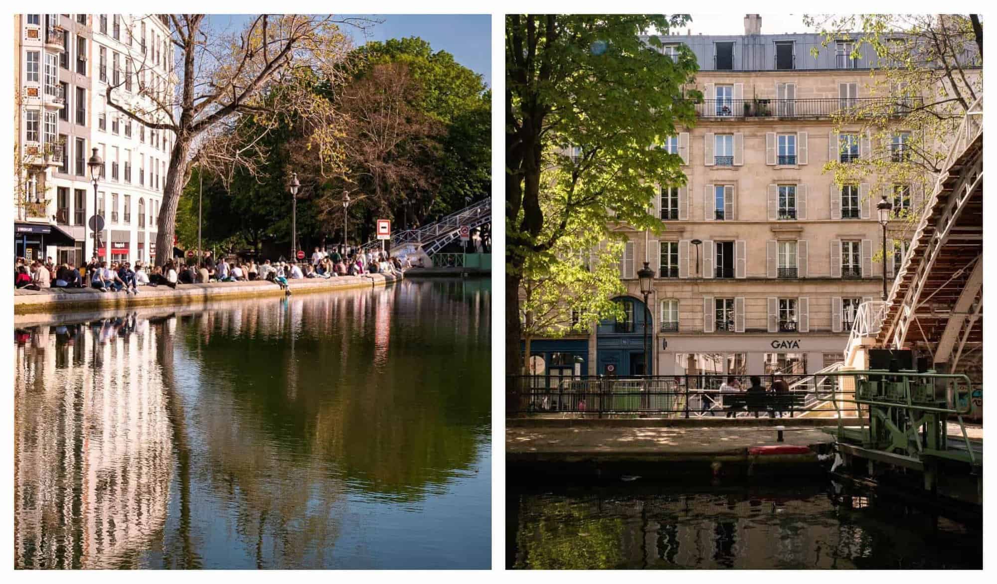 Left: A line of Parisians are seated by the edge of the Canal Saint Martin on a sunny day; Right: Three friends sits in a bench by the Canal Saint Martin in Paris.