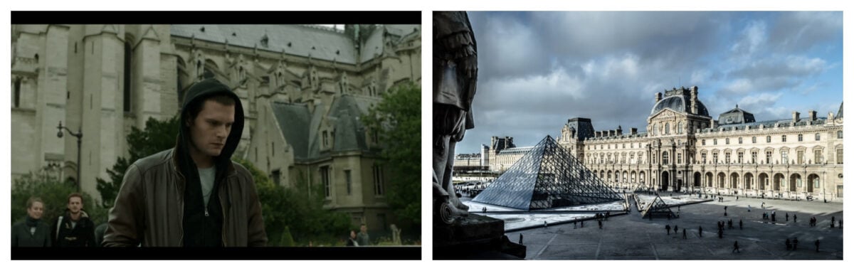 left: a scene from the French series Chefs with the main character in front of a cathedral; right: the courtyard of the Louvre Museum with a view of the glass pyramid.