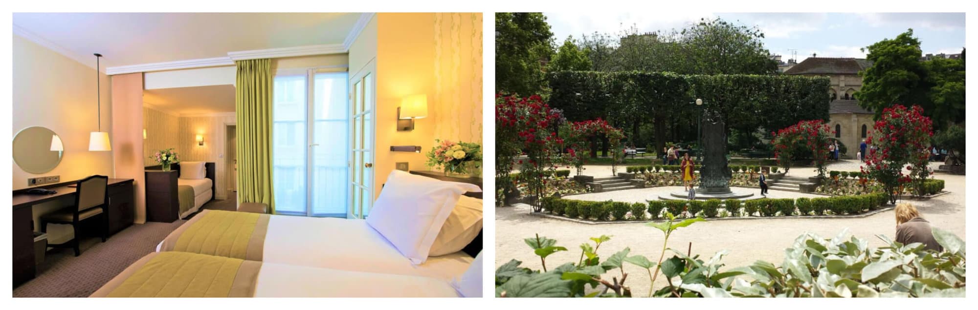 Left: Paris Hotel Henri IV's family suite with 3 beds in white and green sheets, inside a room decorated with green curtains and beige walls; Right: The garden of Hotel Henri IV Rive Gauche with green shrubs and red flowers.