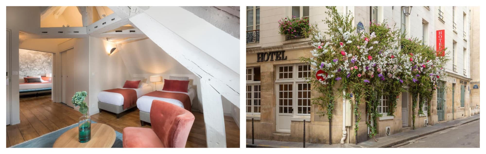 Left: Hotel Jeanne D'Arc Paris's huge suite, with a large bedroom with a king sized bed connected to a smaller bedroom with two twin sized beds; Right: Hotel Jeanne D'Arc's street view as a Parisian building with colorful flowers hanging on its beige walls. 