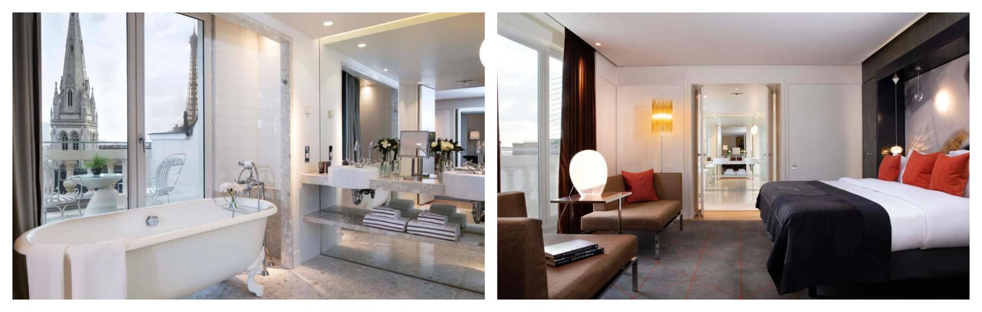Left: a hotel bathroom with marbled floors, a huge white bathtub, and windows with views of the Eiffel Tower and a church tower in Paris; Right: a hotel bedroom with a king sized bed that has white and black linens, and two tables and a circular chair in front of the bed.