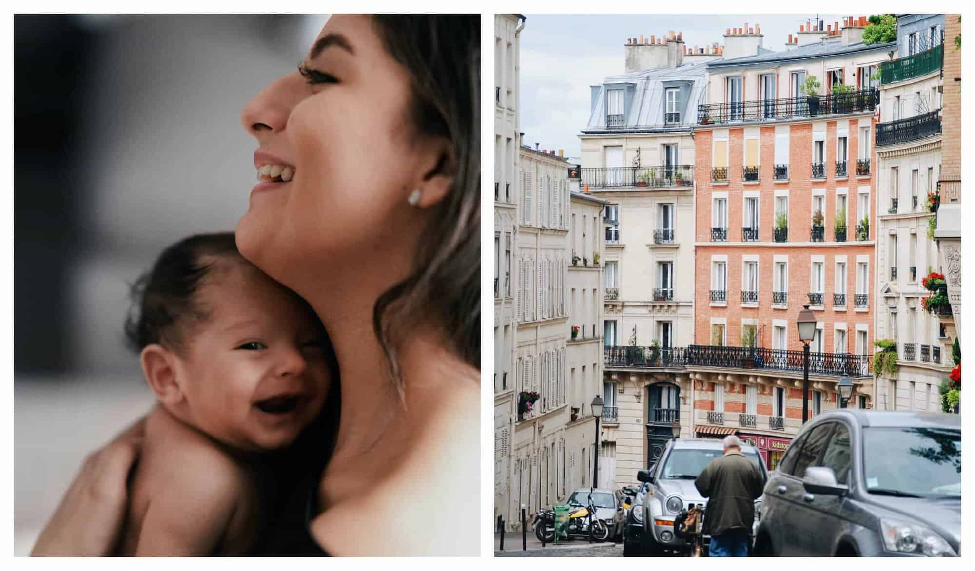 Left: A smiling mom with black hair holds a smiling newborn baby in her arms; Right: A quiet curved Parisian street filled with beige buildings and a man passing with his bicycle.