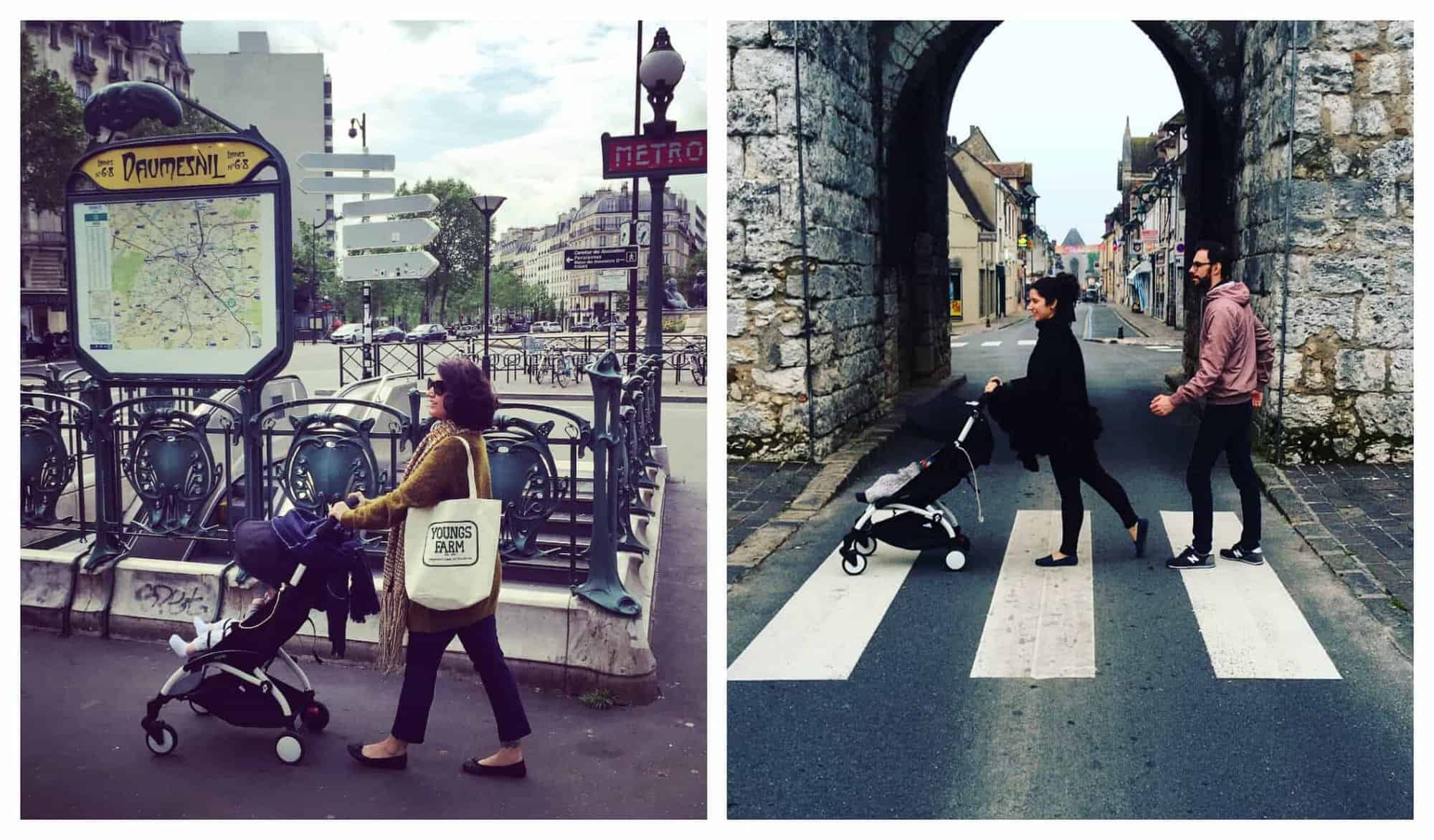 Left: A mom in yellow coat pushes her child's stroller past Daumesnil metro station in Paris; Right: A mother in black outfit pushes her child's stroller, with her husband behind her, in a quiet French town street.