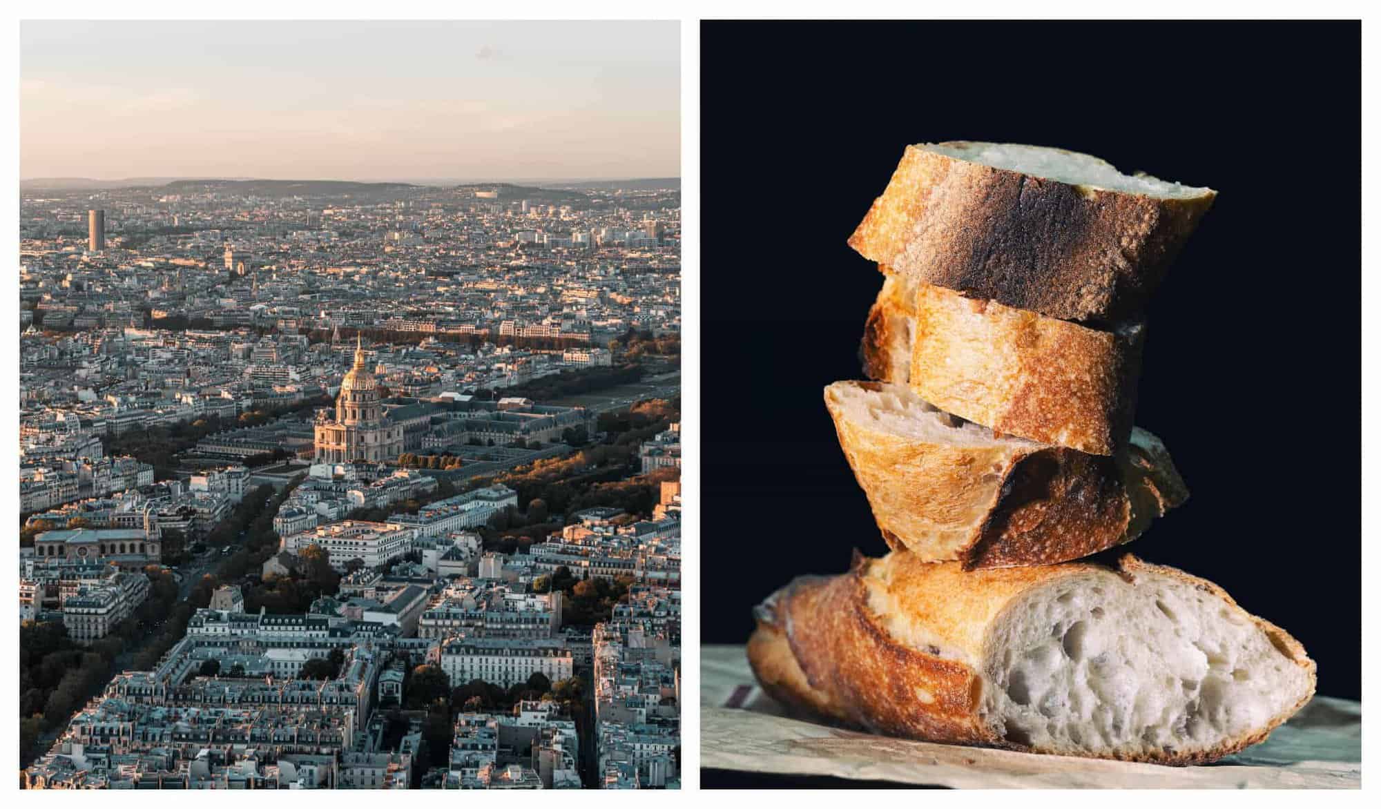 Left: Paris' Les Invalides golden dome shines during sunset beside Paris concrete buildings; Right: 3 sliced parts of a baguette are stacked on each other with the remaining half on the very bottom.