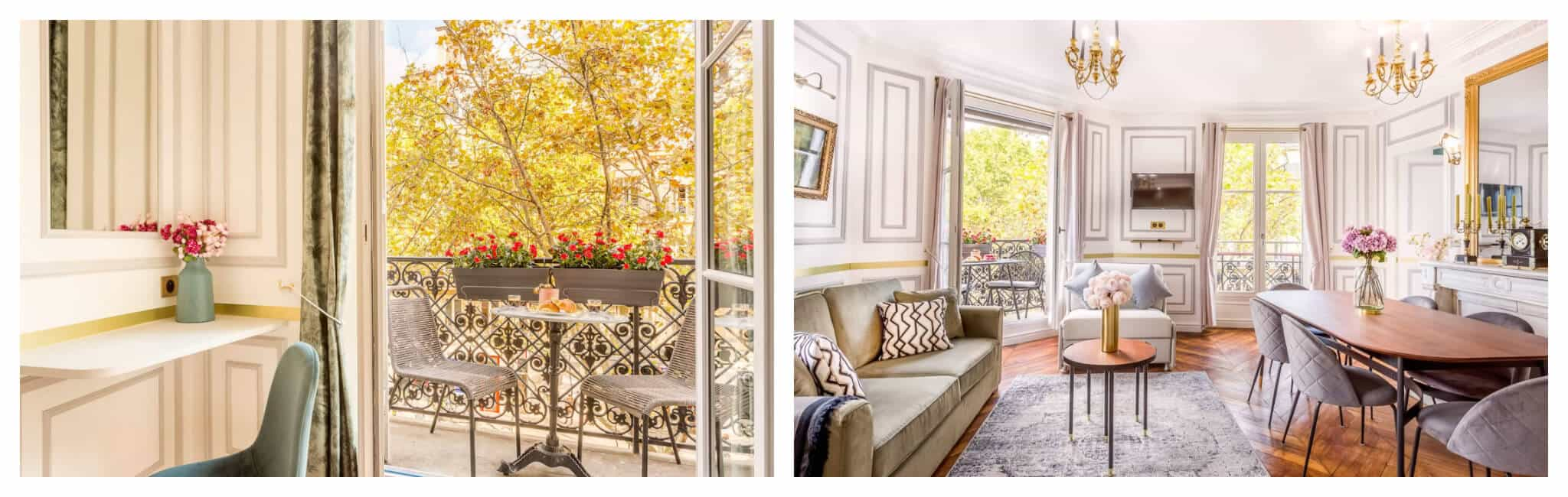 Left: A Parisian room with balcony that is adorned with red flowers. Right: A rounded Parisian living room with balcony and decorated with a green couch and gray chairs.