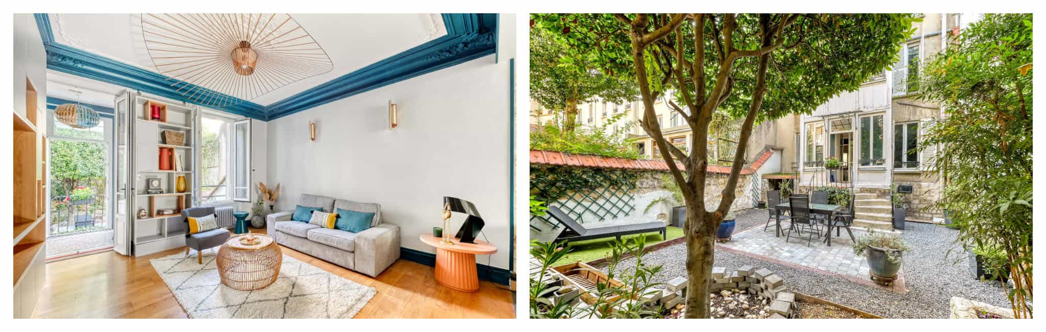 Left: A cozy living room with a white rug, wooden flooring, gray couch and white bookshelves. Right: A backyard garden with a tall tree in the middle and a set of table and chairs behind it.