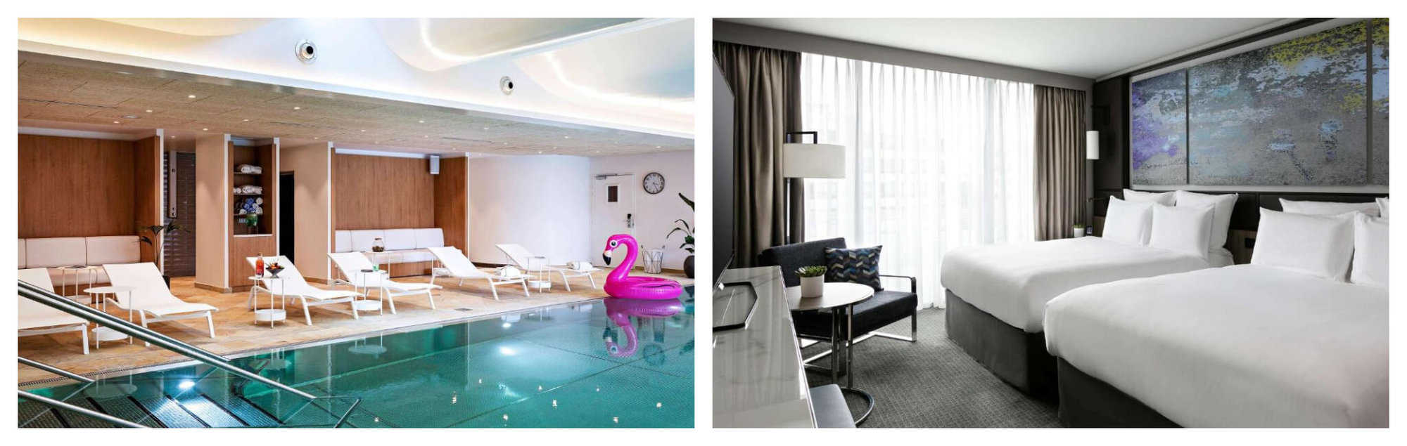 Pullman Paris Centre’s indoor swimming pool with several white deckchairs and a pink flamingo swim ring; Right: Pullman Paris Centre’s family suite with two double beds with white sheets and pillows.