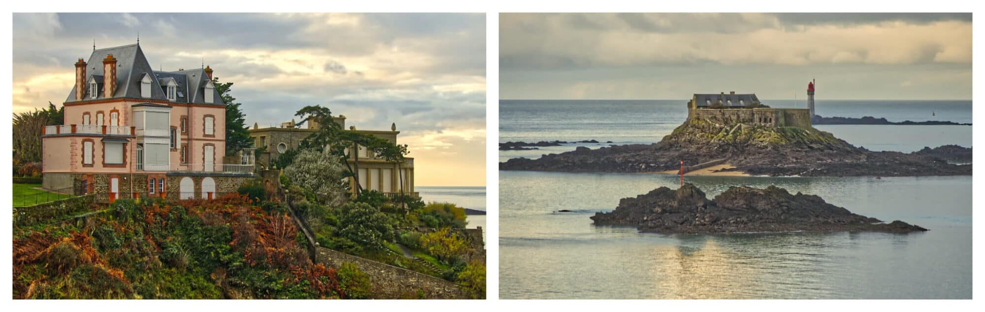 Left: A peach-colored house by Dinard's coast full of greeneries; Right: A tiny island in Dinard's coast with a small castle. 