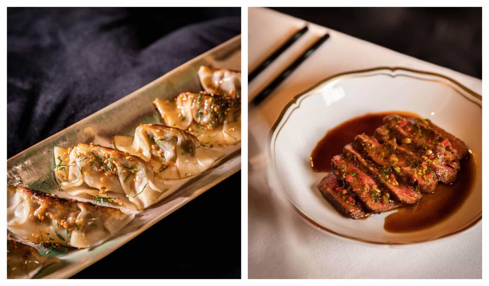 Left: Dragon's gyoza dish; Right: Dragon's beef plate with soy sauce and herbs.