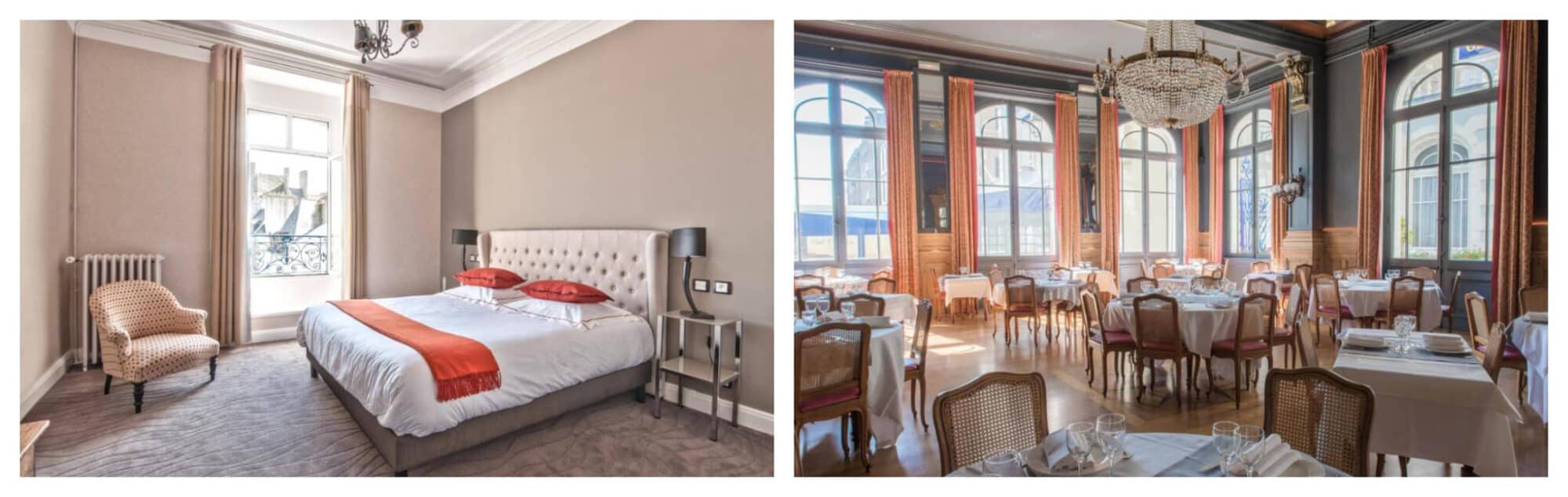 Left: A large beige bedroom in Hotel de France et Chateaubriand, with a bed furnished with red pillows and cover; Right: Hotel de France et Chateaubriand's dining area filled with round tables and wooden chairs.