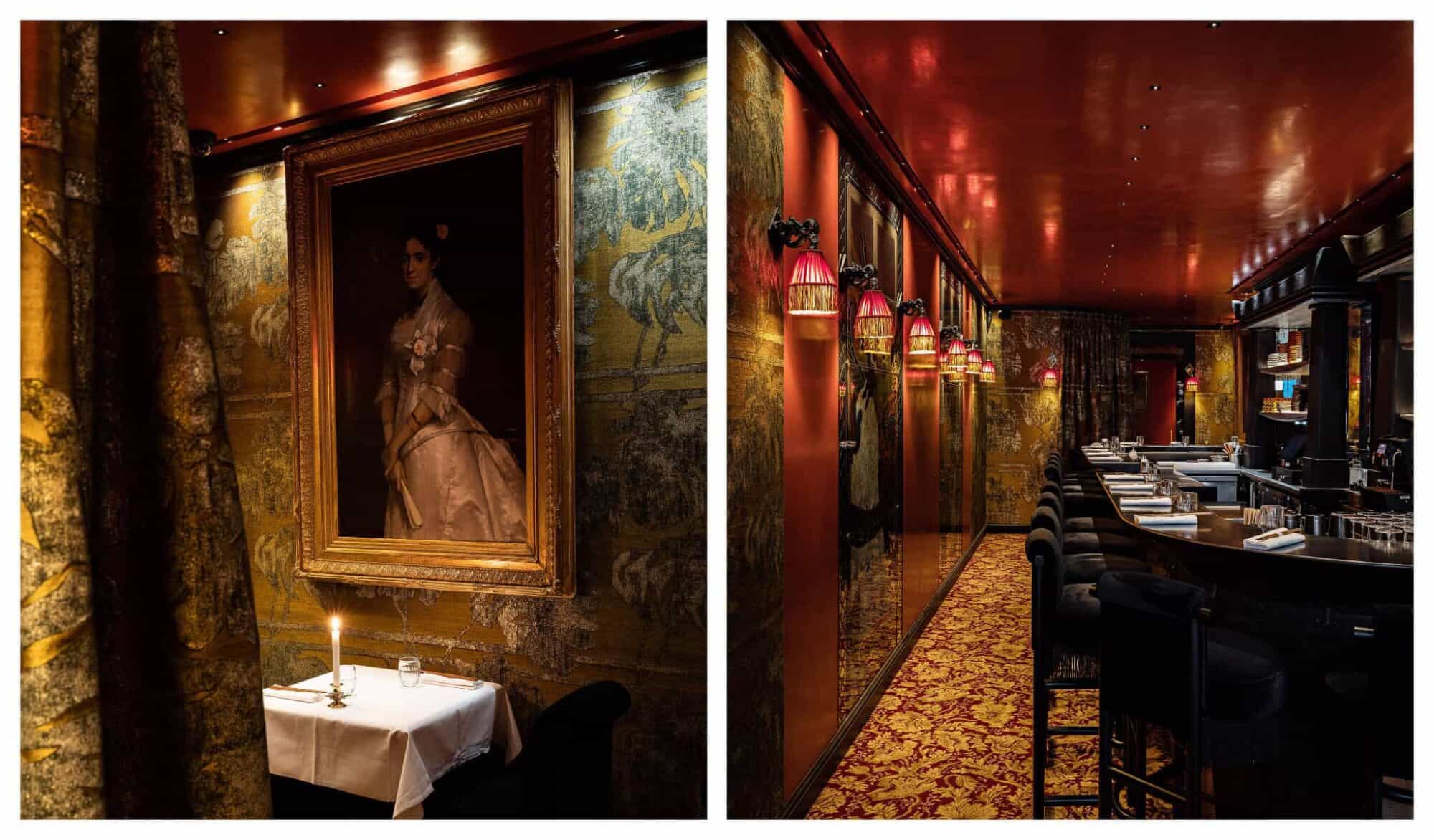 Left: A painting of a woman hangs inside Dragon Paris; Right: The sleek black wooden bar table in Dragon Paris with black bar stools.