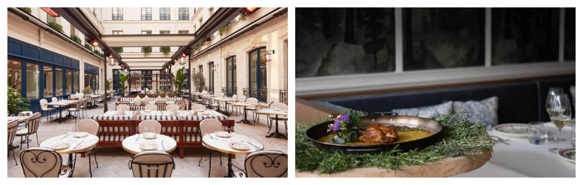 Left: La Chambre Bleue's Parisian courtyard restaurant area with beige tables and chairs; Right: a paella dish is served in a black plate at La Chambre Bleue.