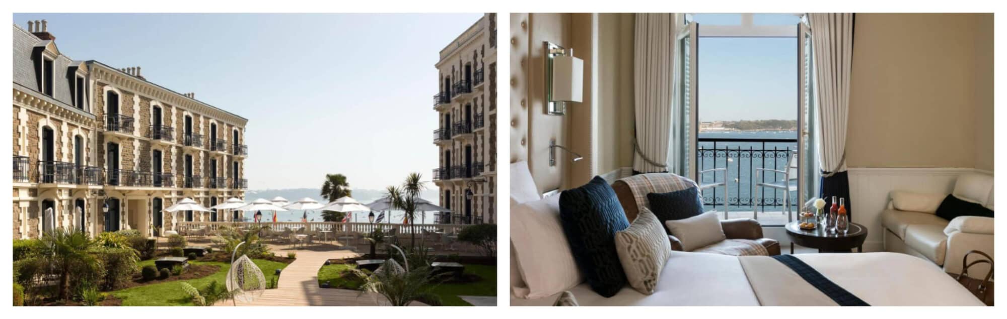 Left: Le Grand Hotel Dinard's garden in between two buildings; Right: A bedroom in Le Grand Hotel Dinard that has a view of Dinard's blue sea.