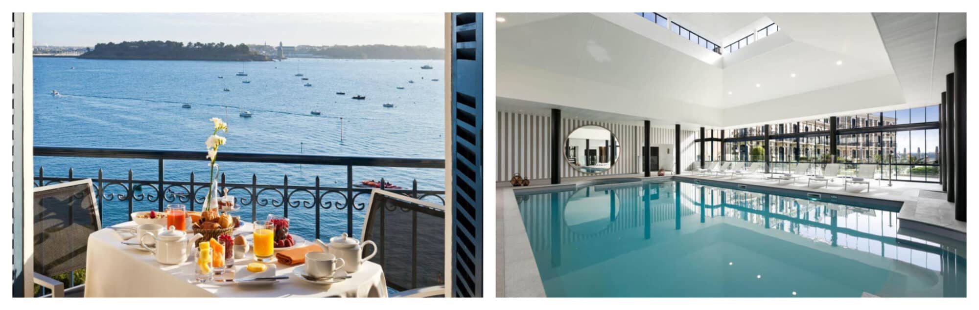 Left: A balcony breakfast with a view of the Dinard sea in one of the suites in Le Grand Hotel Dinard; Right: Le Grand Dinard's indoor pool with glassed top-to-floor walls.