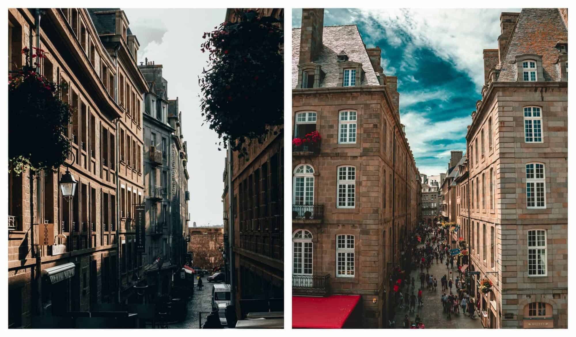 Left: A quiet street inside Saint-Malo's walled city; Right: A busy street inside Saint-Malo's intramuros, filled with people walking through shops and restaurants.