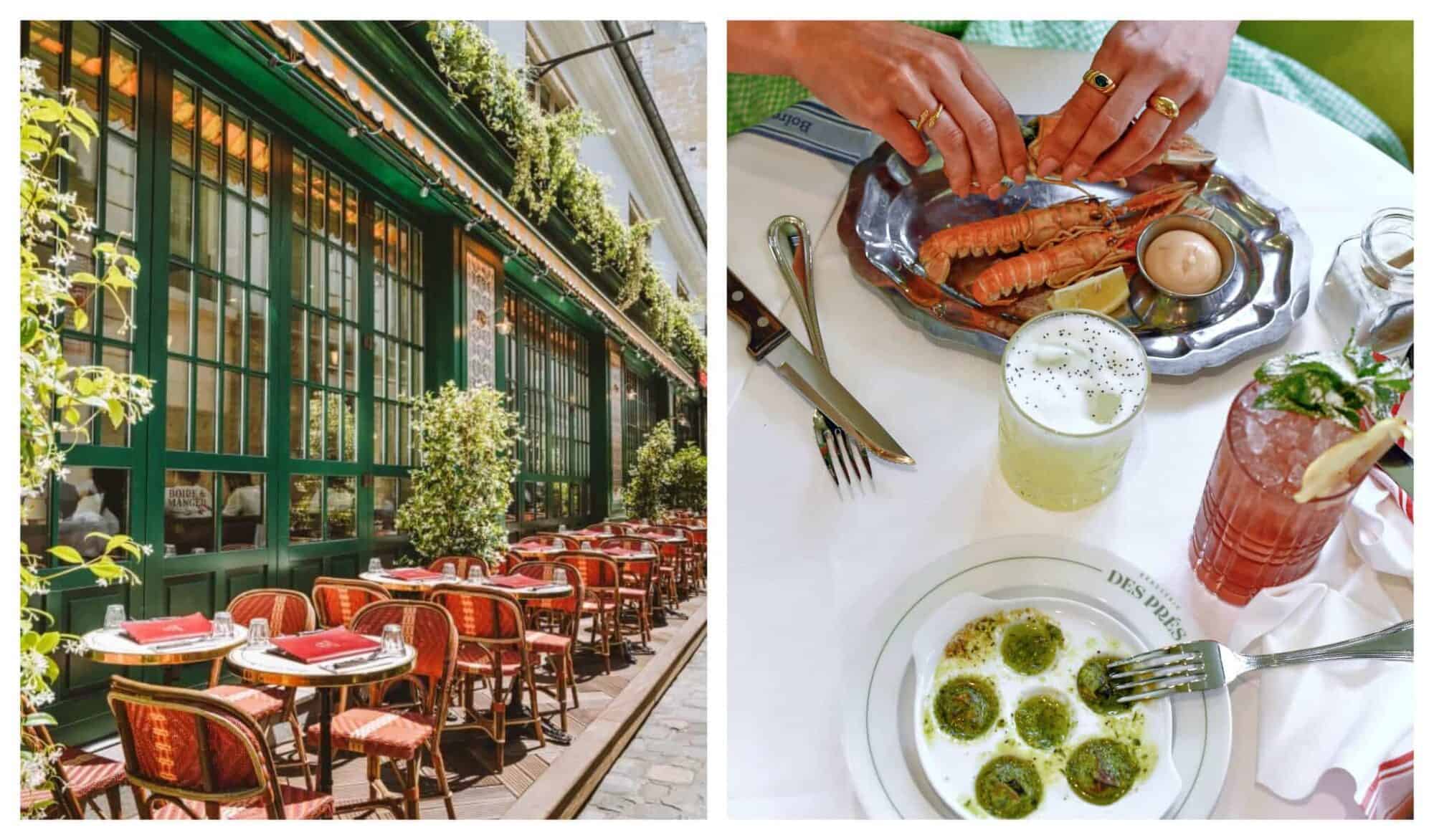 Left: The rooftop terrace of Brasserie des Prés in Paris with red chairs; Right: A table at Brasserie des Prés with shrimp and escargot appetizer plates.