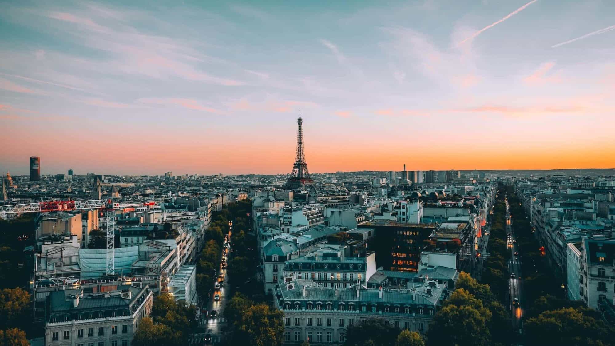 View of the Eiffel Tower at sunset.