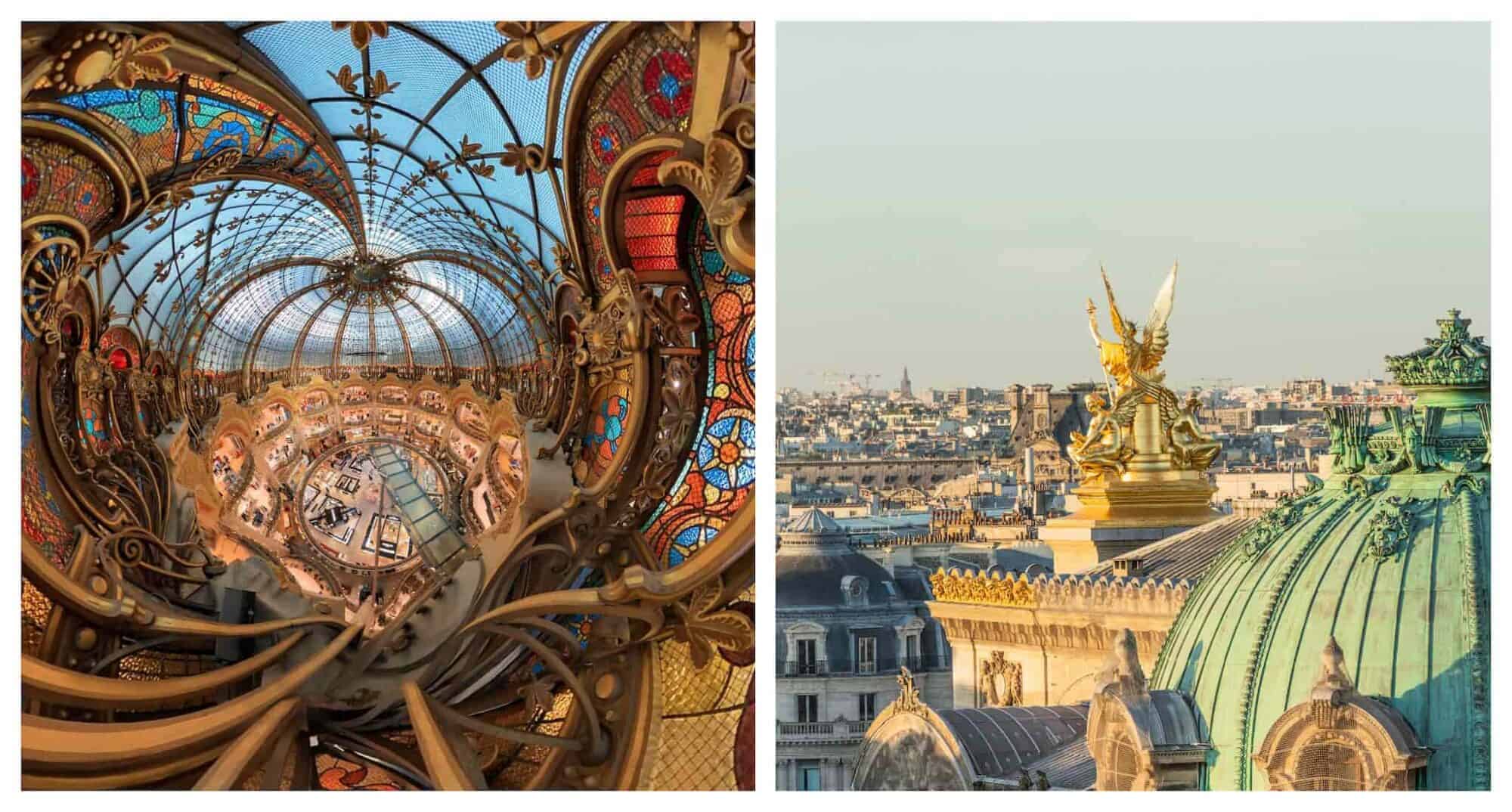 Left: a stunning view from the cupola down towards the ground floor of Galeries Lafayette; right: a gold statue viewed from the rooftop terrace of Galeries Lafayette with panoramic views.