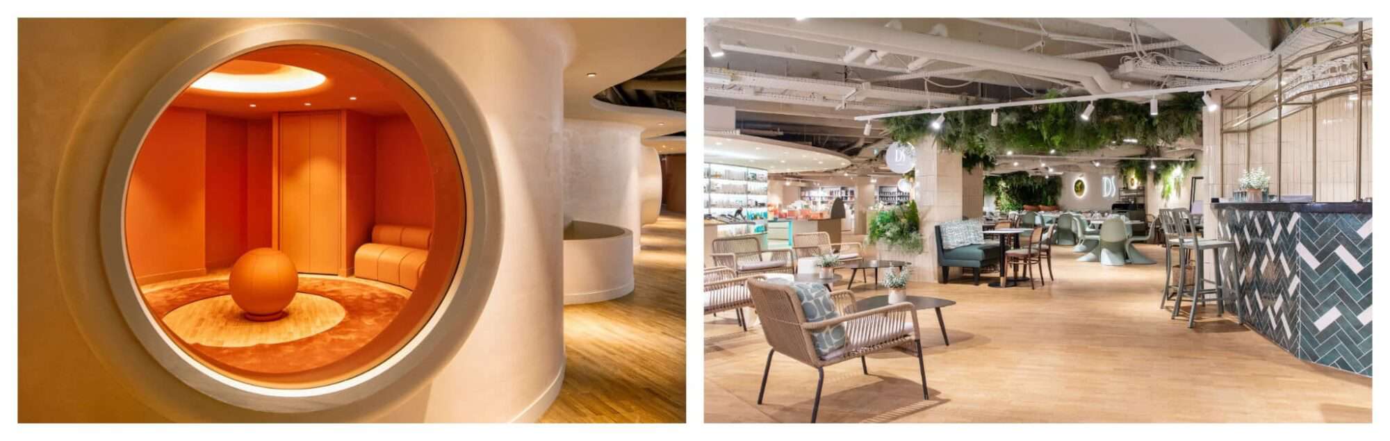 Left: the 70's inspired bubble shaped lounges in the Wellness Gallery of the Gallery Lafayettes; right: the DS café inside the store, with a garden inspired interior.
