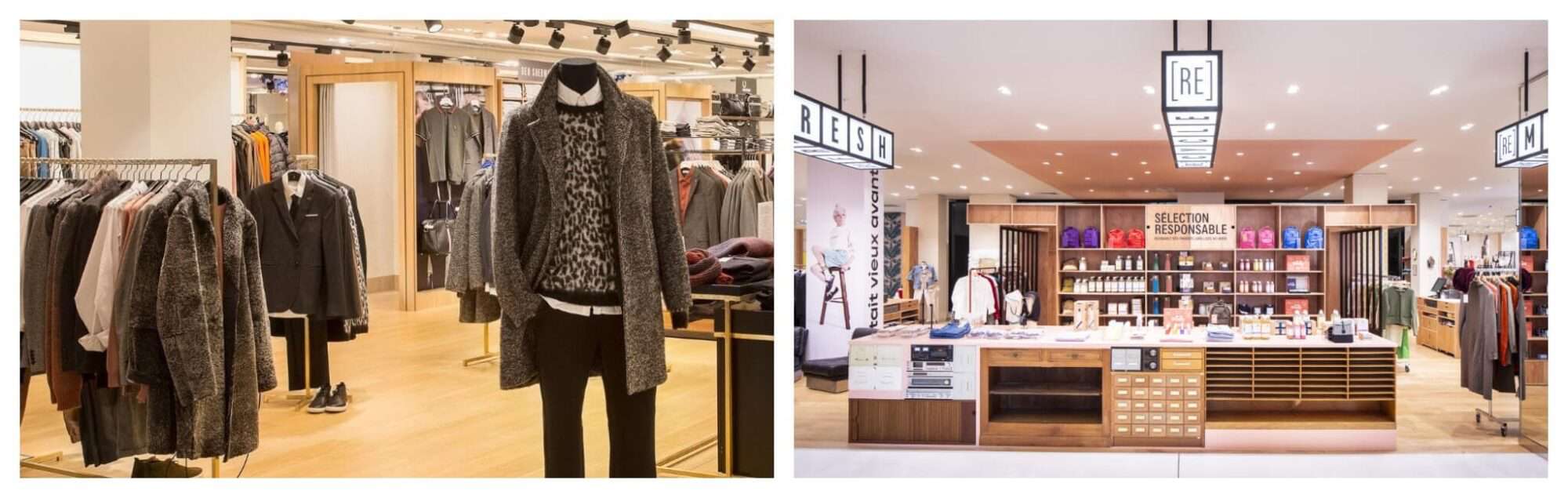 Left: a clothes display from the men's department at Galeries Lafayette; right: a display in the vintage section of Galeries Lafayette Haussmann