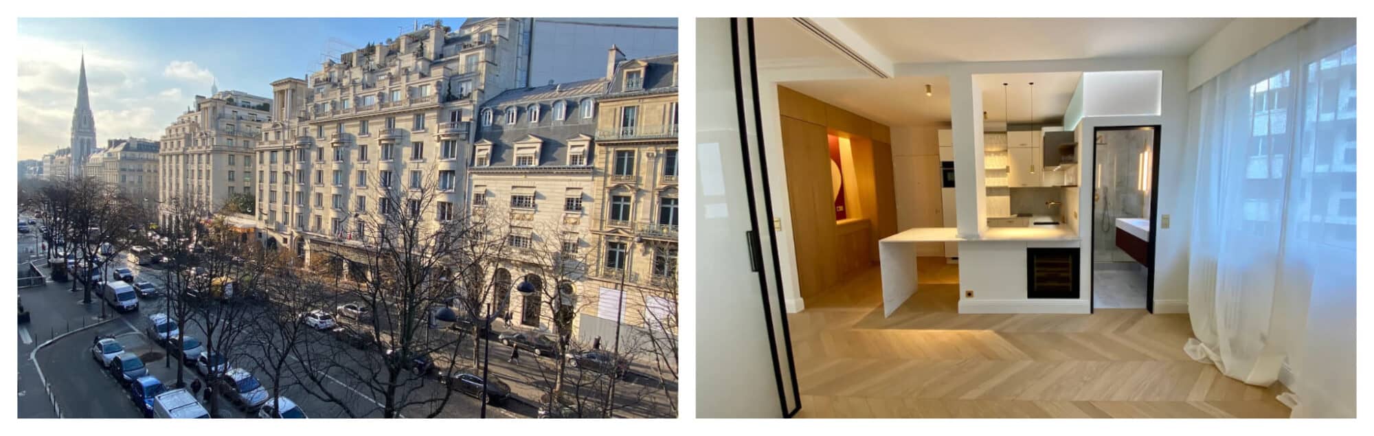 Left: the exterior of a beautiful Haussmann apartments near the George V apartment for sale; right: the modern kitchen and dining area of the same apartment for sale, with wooden floors and modern finishes. 
