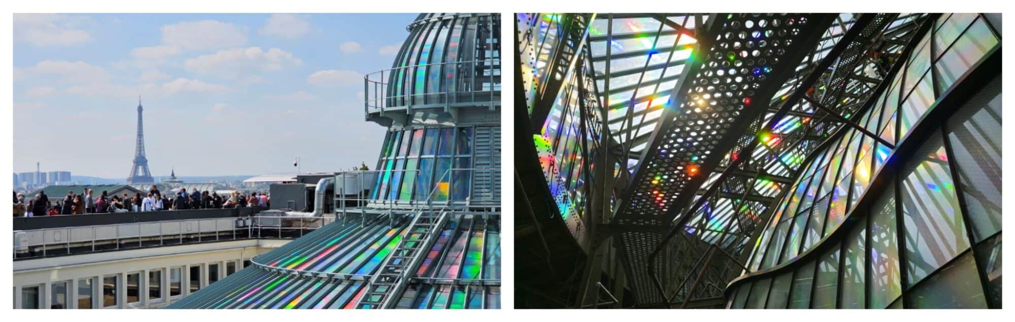 Left: the roof top terrace at Galeries Lafayette with the luminous installation by Kim Sooja covering the dome; right: the inside of the dome with the light diffracted from Sooja's installation.
