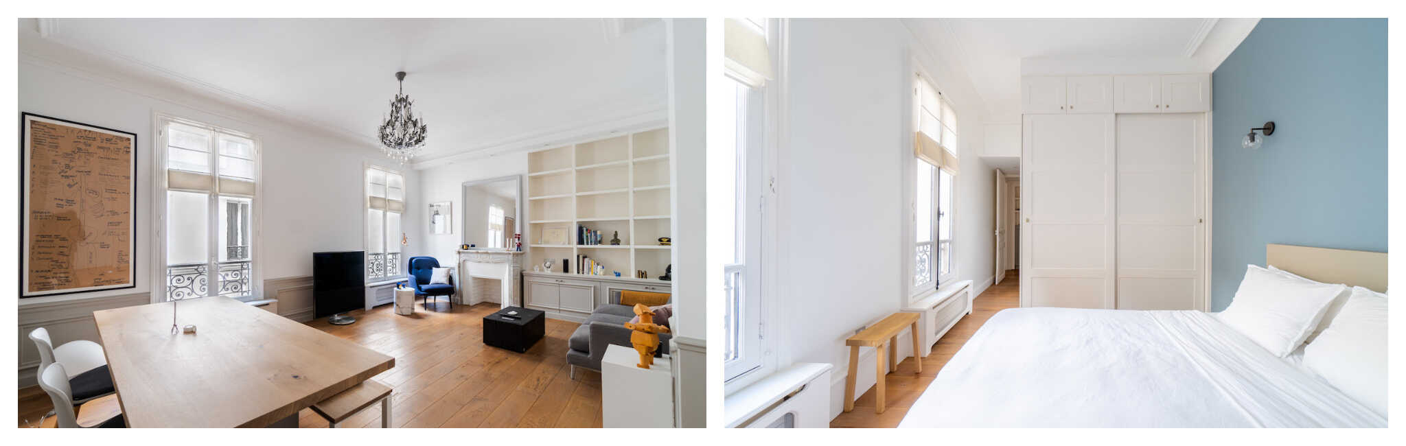 à esquerda: a sala de estar iluminada e arejada de um apartamento parisiense;  à direita: o quarto decorado com cores claras e muita luz natural.