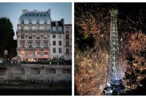 Left: The night falls in Paris near the Notre Dame Cathedral by the seine; Right: Fireworks lit the sky behind the Eiffel Tower for Bastille Day.