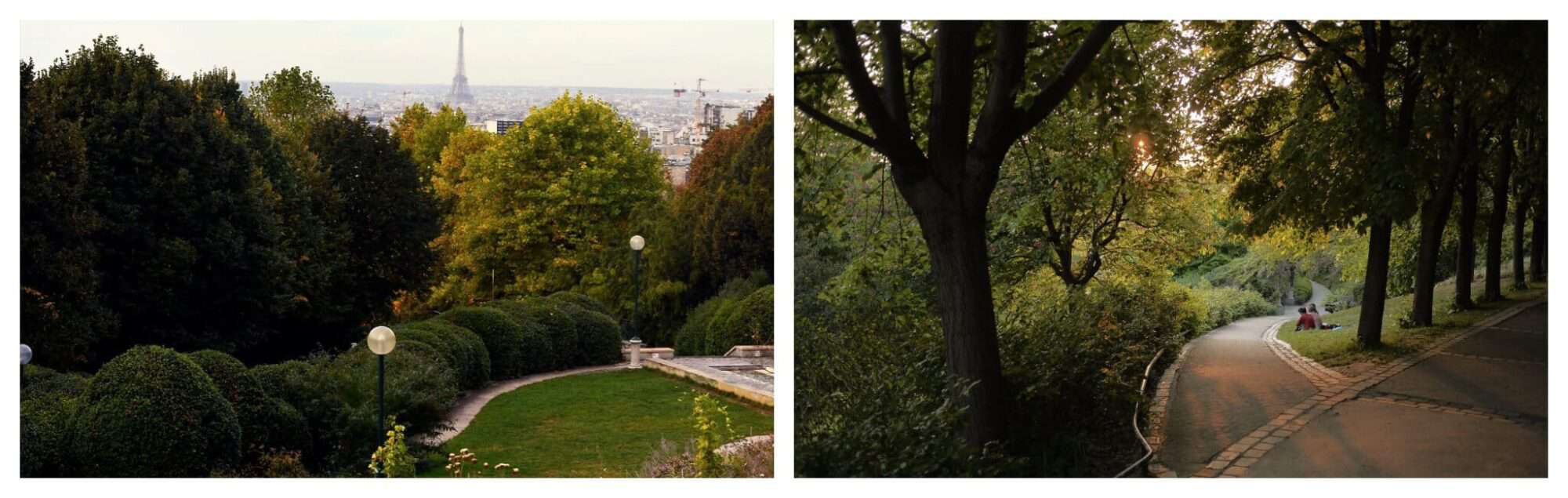 Left: Parc de Belleville in Paris and its city views with the Eiffel Tower; Right: A couple picnics in Parc de Belleville in Paris.