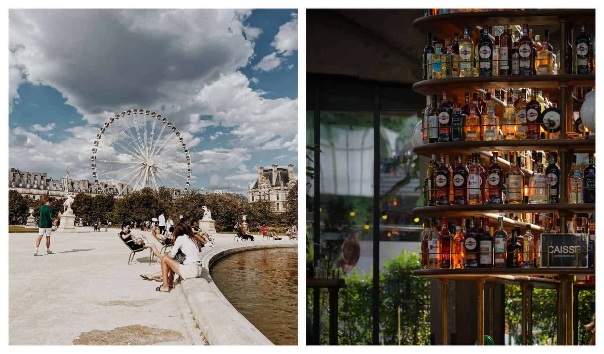 Left: A Parisian park in the summertime with people dressed in summer clothes loitering on the grounds; right: the bar area of a cocktail bar in Paris.