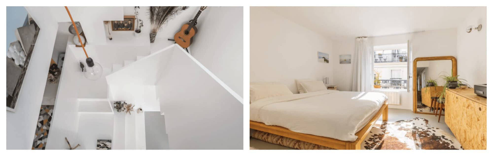 Left: A modern and white staircase, decorated with a brown guitar and a painting, of an apartment for sale in Republique area of Paris; Right: The bedroom of the same apartment in Republique, Paris, with a large king-sized bed and a golden mirror. 