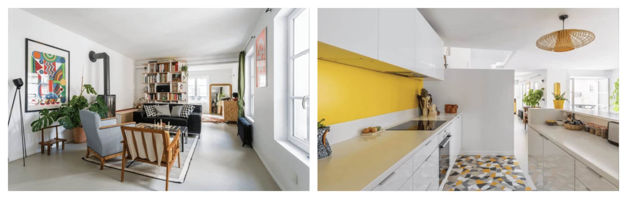 Left: A living room of an apartment in Republique area of Paris, decorated with a black fireplace, colorful paintings, and tall bookshelves; Right: The kitchen of the same apartment, decorated in yellow and white.